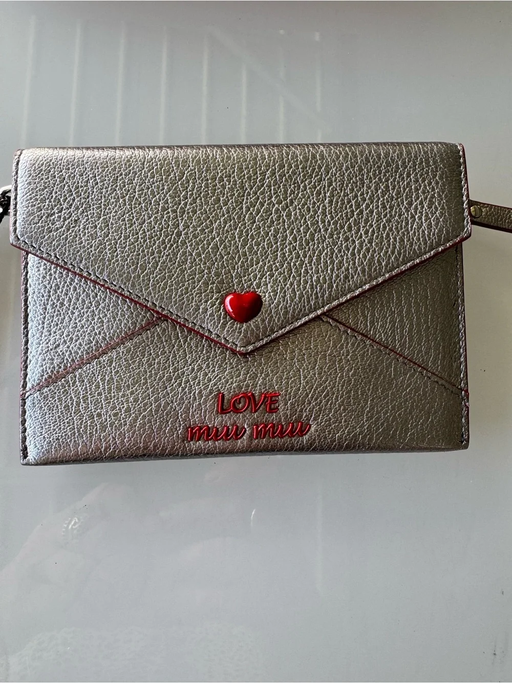 Miu Miu Metallic Envelope Card Holder with Red Heart Detail
